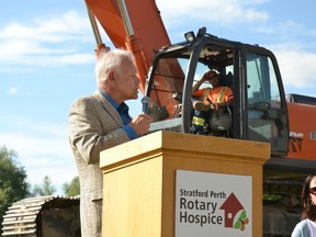 Stratford Perth Hospice Foundation board chair Andy Werner speaks at Thursday’s ground-breaking ceremony. (Galen Simmons/The Beacon Herald)