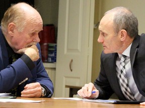 Ron Common, president of Sault College, and Colin Kirkwood, vice-president academic, speak at a board of governors meeting in November 2016.
