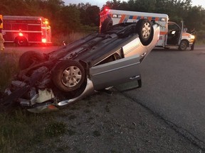 A man was charged with careless driving and driving while suspended after he lost control of his car on Centennial Avenue and rolled over. (Submitted photo/St. Thomas police)