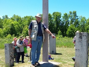 John Hlynialuk, President of the Bluewater Astronomical Society, pointed to the Summer Solstice marker stone at Keppel Henge in Big Bay at the annual Summer Solstice celebration, June 21. Photo by Zoe Kessler/Wiarton Echo