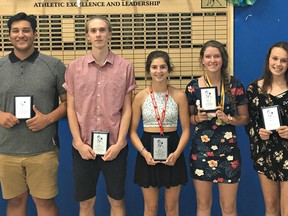 Among the athletes honoured at Brantford Collegiate Institute's annual athletic awards banquet are Aidan Vachon (left), Eric Patterson, Alex Bakker, Julia Jones, Stephanie Ellis, Maegan Dorris and Kaia Grant. (Submitted Photo)