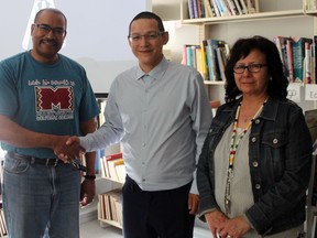 Bruce Buffalo of Mamawapowin Technology Society shown here with Maskwacis Cultural College Dean of Indigenous Business David Brown and Dean of College Programs Fran Ermineskin. The trio are part of a partnership to make Internet accessible to Maskwacis residents. (Christina Max/Wetaskiwin Times)