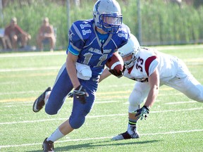 Gladiators running back Brad Patterson avoids a tackle during second-half action against the North Halton Crimson Tide last season. Keith Dempsey/For The Sudbury Star