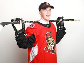 Jacob Bernard-Docker poses after being selected 26th overall by the Ottawa Senators during the first round of the 2018 NHL Draft at American Airlines Center on June 22, 2018 in Dallas, Texas.