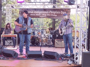 Richard Inman and his band entertain the crowd from the Brewers Stage during National Indigenous Peoples Day festiviteis at Anicinabe Park, Thursday, June 21.
Reg Clayton/Daily Miner and New