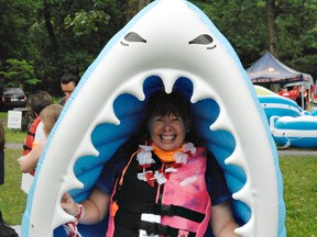 Lorraine Pedersen, of Alpha Micro Tech in Brantford, was among about 300 people who participated in this year’s Sunshine Float for Dreams. Her flotation device got a lot of attention. (Vincent Ball/The Expositor)