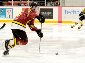 Timmins Rock forward Stewart Parnell carries the puck through the neutral zone during Game 4 of the NOJHL East Division semifinal series against the Powassan Voodoos at the McIntyre Arena on March 21. After missing more than half of the 2017-18 campaign because of an upper-body injury, Parnell returned to the lineup late in the campaign and was a workhorse during the 2018 playoffs. The Rock have announced Parnell, a 1999-birth-year Timmins native, will be returning for his third season with the squad in 2018-19.   THOMAS PERRY/THE DAILY PRESS