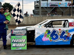 Dylan Bonner celebrates his feature win for the Mini Mods at South Buxton Raceway in South Buxton, Ont., on Saturday, June 23, 2018. (Contributed Photo)