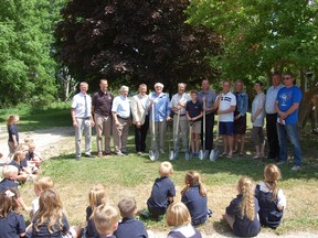 The community was invited to the groundbreaking ceremony last Tuesday. Project contributors, school administration representatives, local dignitaries and fundraising campaign partners gathered for the photo op. (Sheila Pritchard/Clinton News Record)