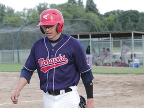 Pearce McDonald walks back to the dugout with the lead, and ultimately the win over the Carman Cardinals Friday, June 22 in Carman. (THOMAS FRIESEN, Morden Times)