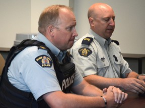 Sgt. Ted Zadderey (left) and Staff Sgt. Ryan Comaniuk with the Whitecourt RCMP present their annual report to Woodlands County on June 9 (Peter Shokeir | Whitecourt Star).