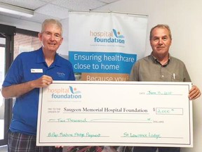 Presentation of another $2,000 cheque to Saugeen Memorial Hospital Foundation by Masons with the Southampton St. Lawrence Lodge No. 131 AF & AM that meets in Port Elgin, is earmarked to help Saugeen Memorial Hospital Foundation pay for a BiPap machine to help patients breathe. Foundation Director Jim Barbour gratefully accepted the donation from Lodge Member Dave Busch June 14.