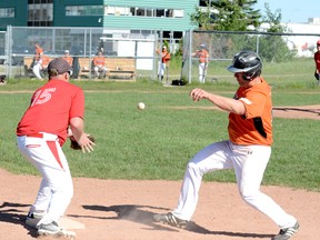 Service Master Orioles runner Adam Presseault makes it back to the bag safely as Lessard-Stephens Red Sox first baseman Rob Gemmie takes the throw from pitcher Stephane Cloutier on a pick-off attempt during sixth inning of Sunday’s TMBL game at Parc Thériault. Presseault, who had walked earlier in the frame, was stranded at first base but it would not matter as the Orioles went on to thump the Red Sox 15-7.  THOMAS PERRY/THE DAILY PRESS