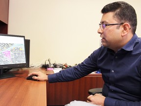 Naeem Khan, the city’s manager of information technology and business systems, shows how to use the new geographic information system map on Monday, June 25, 2018 in Stratford, Ont. (Terry Bridge/Stratford Beacon Herald/Postmedia Network)