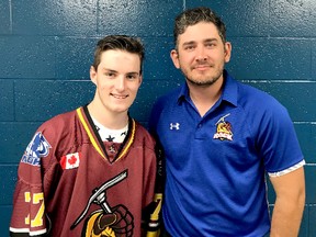 Timmins Rock coach Corey Beer welcomes 2000-birth-year forward Maxime Piquette to the fold at the Campus Ice Centre & Field House in Oshawa on Sunday. Piquette is one of seven players the Rock signed following a two-day prospect camp in the southern Ontario city. The identities of the other six can not be released, however, until their contracts have cleared the Hockey Canada registry.  SUBMITTED PHOTO