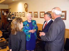 Todd Sellers, executive director Lake of the Woods Water Sustainability Foundation and Rainy – Lake of the Woods Watershed Board member (second from right) speaks with Ontario Lt. Gov. Elizabeth Dowdeswell during her August 2015 visit to Kenora. Also pictured: Rainy – Lake of the Woods Watershed Board coordinator Kelli Saunders and Mayor Dave Canfield
File photo/Miner and News