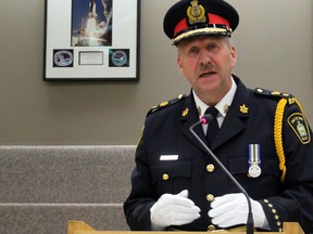 Sault Ste. Marie Police Service's new chief of police, Hugh Stevenson, delivers a speech to city council at the Civic Centre after being sworn in on Monday evening.
