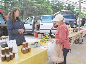 Ann speaks with Jennie Pearce of  Pearce Farms at Algoma Farmer's Market at the Bondar Pavilion on the weekend.  Ann will take home the short-harvested Haskap berry,  a berry that looks a little like a blueberry but tastes like a variety of different berries and other fruits.  The tart little morsel carries hints of plum and blackberry with the texture of a blueberry.  Haskap berry only grows at this time of the year and has a season counted in days
Allana Plaunt/Special to Sault This Week.