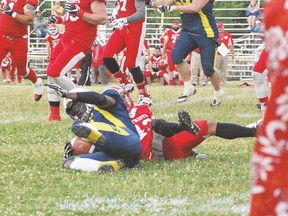 Steelers’ Alfonso Fuller goes down in tackle by Shaun Maye in Saturday’s 45-0 loss to league leading Steel City Patriots of Hamilton.
Allana Plaunt/Special to Sault This Week