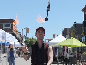 Kalen Davidson, a Toronto busker who performs under the name “Pyromeo,” entertained the crowd in the Stars and Thunder Village in Downtown Timmins Monday. There will be free live music, entertainers, vendors and kids’ activities in the Village (Urban Park) throughout the week up to Friday.