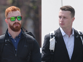 Former University of Ottawa Gee Gees hockey players David Foucher, left, and Guillaume Donovan arrive at the courthouse in Thunder Bay on June 25, 2018. Sandi Krasowski/Postmedia