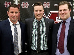 Chatham Maroons head coach Kyle Makaric, centre, has a coaching staff that includes assistants Andrew Donaldson, left, and Brett Hope. Photo taken in Chatham, Ont., on Sunday, June 24, 2018. (MARK MALONE/Chatham Daily News/Postmedia Network)