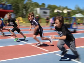 Athletes compete in a boys 60-metre heat at the Champions Meet at the track at Laurentian University in Sudbury, Ont. on Thursday June 21, 2018. More than 500 athletes from 40 schools took part in the meet. John Lappa/Sudbury Star/Postmedia Network