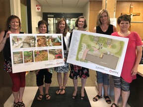 Members of the St. Louis School community hold up the design plans for an outdoor learning environment that will begin construction this week. The Kenora Catholic District School Board announced they will allocate $240,000 within its capital plan towards the project at the Tuesday, June 19 board meeting. From left to right: St. Louis School principal Maureen Frankcom, early childhood educator Tamara Bond, teachers Kerri Favreau and Theresa Clarke and parents Pam Siemens and Michelle Bouchard.
SUPPLIED/TRINA HENLEY