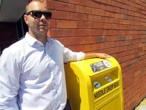 Jon Bouma, Algoma Public Health’s manager of infectious diseases, says that in addition to this new needle drop bin outside APH’s Willow Avenue office, two more have been placed centrally in Sault Ste. Marie. These join bins located earlier at the southeast corner of Gore and Albert streets, on Albert, and outside the John Howard Society, on King Street. Another new unit will be housed in Elliot Lake.