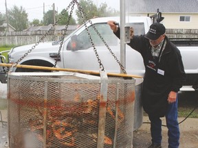 Doug Costall lifts up 100 lobsters with his homemade pot to cook them at the ninth annual Lobsterfest, held at the Stavely Community Centre on June 17.