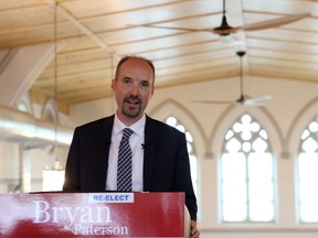 Elliot Ferguson/The Whig-Standard
Bryan Paterson announces his plan to seek another term as Kingston mayor on Tuesday.