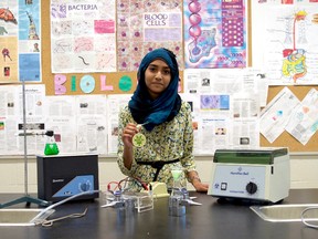 Amal Aziz, a Grade 11 student at Sir Wilfred Laurier secondary school, is developing a new method to treat neurodegenerative diseases that’s turning heads at high-level science fairs. CHRIS MONTANINI\LONDONER