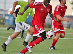 Stratford Bentley’s City FC striker Augy Gayflor leads the attack Sunday night against Niagara AS Juventus. Gayflor scored both goals in a 2-0 Ontario Cup win. Cory Smith/The Beacon Herald