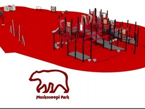 PHOTO SUPPLIED
A 3D rendering of the new Muskoseepi Park senior children’s playground.