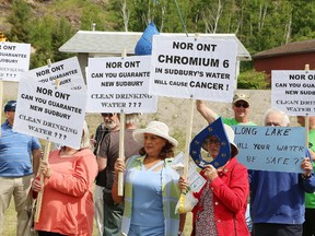 No Ferrochrome Sudbury members protest the potential construction of a ferrochrome smelter in Coniston. (Sudbury Star file photo)