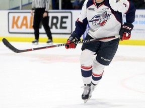 Windsor Spitfires defenceman Grayson Ladd of Kent Bridge, Ont., plays against the Sarnia Sting at Progressive Auto Sales Arena in Sarnia, Ont., on Saturday, March 24, 2018. (MARK MALONE/Chatham Daily News/Postmedia Network)