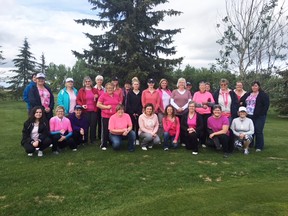 Our Fairview Ladies League had our 18th Annual Three-Putt-or-Par for Cancer night - The Ladies are holding Pink Ribbon key chains, with the wording Our Friend Joyce Fox, to clip to their golf bags in memory of Joyce, courtesy of Mad Dog Cresting (Gord MacLeod).  $317 were raised, and with the $345 raised by the Petit-Point donated by Ruth Parker in Joyce's memory at our 1st Annual Jewellery Box & Giftware Ladies Open, a total of $662 will be donated to Robyn's Room at Papa Ken's House.