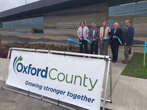 Oxford officials cut the ribbon Wednesday morning at the new net zero Waste Management and Education Centre in Salford. From left director of public works David Simpson, MP Dave MacKenzie, Warden David Mayberry,  MPP Ernie Hardeman and CAO Peter Crockett. (HEATHER RIVERS/SENTINEL-REVIEW)