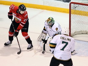 The Attack's Maksim Sushko lurks for a rebound in front of Knights goalie Joseph Raaymakers during Game 2 of Owen Sound and London's first round Ontario Hockey League playoff series at the Harry Lumley Bayshore Community Centre this past season. Sushko was the Attack's import pick in 2016. Greg Cowan/The Sun Times