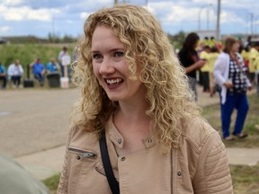 Laila Goodridge, UCP MLA candidate for Fort McMurray-Conklin, speaks with people at the McMurray Métis Festival in Fort McMurray, Alta. on Thursday, May 31, 2018. Vincent McDermott/Fort McMurray Today/Postmedia Network