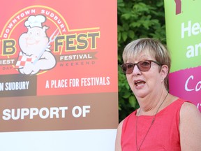 Maureen Luoma, executive director of Downtown Sudbury, makes a point during a Ribfest press conference in Sudbury, Ont. on Thursday June 28, 2018. The event is changing venues and will be located at the municipal parking lots at the Sudbury arena and the parking lot across from the arena, as well as Minto Street from Brady to Elgin Streets. John Lappa/Sudbury Star/Postmedia Network