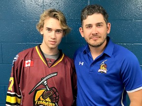 Timmins Rock coach Corey Beer welcomes 2002-birth-year forward Keegan McMullen to the fold at the Campus Ice Centre & Field House in Oshawa on Sunday. McMullen is one of seven players the Rock signed following a two-day prospect camp in the southern Ontario city. The team has announced his signing and that of fellow forward Maxime Piquette and defenceman Connor Mullins, but the identities of the others can’t be released, however, until their contracts have cleared the Hockey Canada registry.  SUBMITTED PHOTO