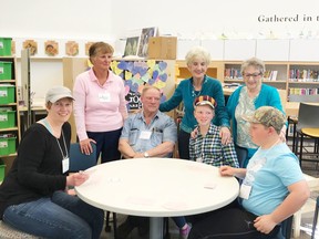 Photo courtesy of Jane Lamont. Photographed left to right are Laura Anderson, parent, Jane Lamont, bridge instructor, Rob Krueger, grandparent, Jo Mitchell, volunteer, Sarah Anderson, Grade 6 student, Emily Brookwell, volunteer and Isaac Morrow, Grade 6 student.