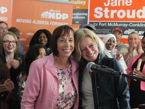 Premier Rachel Notley and Fort McMurray-Conklin NDP candidate Jane Stroud pose for pictures after the premier met with supporters on Thursday, June 28, 2018. Vincent McDermott/Fort McMurray Today/Postmedia Network