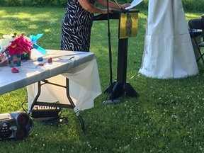 Judy Elvidge-Skinner speaking at the Yarker Family School closing celebration last week. Supplied by the Limestone District School Board