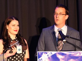 Progressive Conservative MPP Monte McNaughton, standing with his wife, Kate, addresses supporters at the legion in Mount Bridges being elected to represent Lambton-Kent-Middlesex for a third term. McNaughton on Friday was sworn in as a Cabinet member of the Doug Ford government. He’s the new infrastructure minister. File photo/Postmedia Network