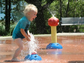 Pearson Hibberd, 2, of West Grey beat the heat at the Good Cheer Splash Pad in Kelso Beach Park in Owen Sound Friday. It was a popular place on the first day of a heat wave projected to last possibly through next week. (Scott Dunn/The Sun Times)