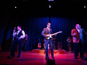 Ritchie Valens (Nick Fontaine), Buddy Holly (Nathan Carroll), and the Big Bopper (Sheldon Bergstrom) perform in the musical Buddy: The Buddy Holly Story, now playing at the Thousand Islands Playhouse. (Photo by Randy deKleine-Stimpson)
