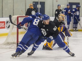 Eric Cooley (blue) and Sean Durzi during the second session of the 2018 Toronto Maple Leafs Development Camp at the MasterCard Centre in Toronto, Ont. on Wednesday June 27, 2018. Ernest Doroszuk/Toronto Sun/Postmedia