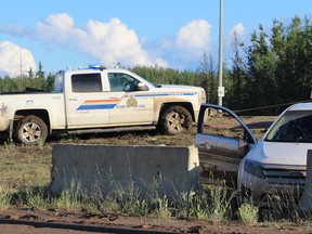 A vehicle police say took them on a high-speed chase through much of Fort McMurray before the chase ended near Highway 63 and Confederation Way on Friday, June 29, 2018. Vincent McDermott/Fort McMurray Today/Postmedia Network